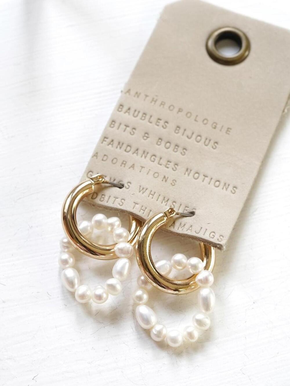 Anthropologie Freshwater Pearl Hoop Earrings